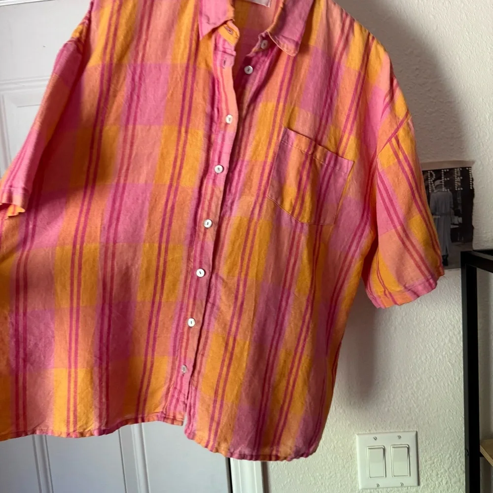 KINGA CSILLA pink orange citrus plaid gingham boxy cropped button up shirt - Picture 3 of 5
